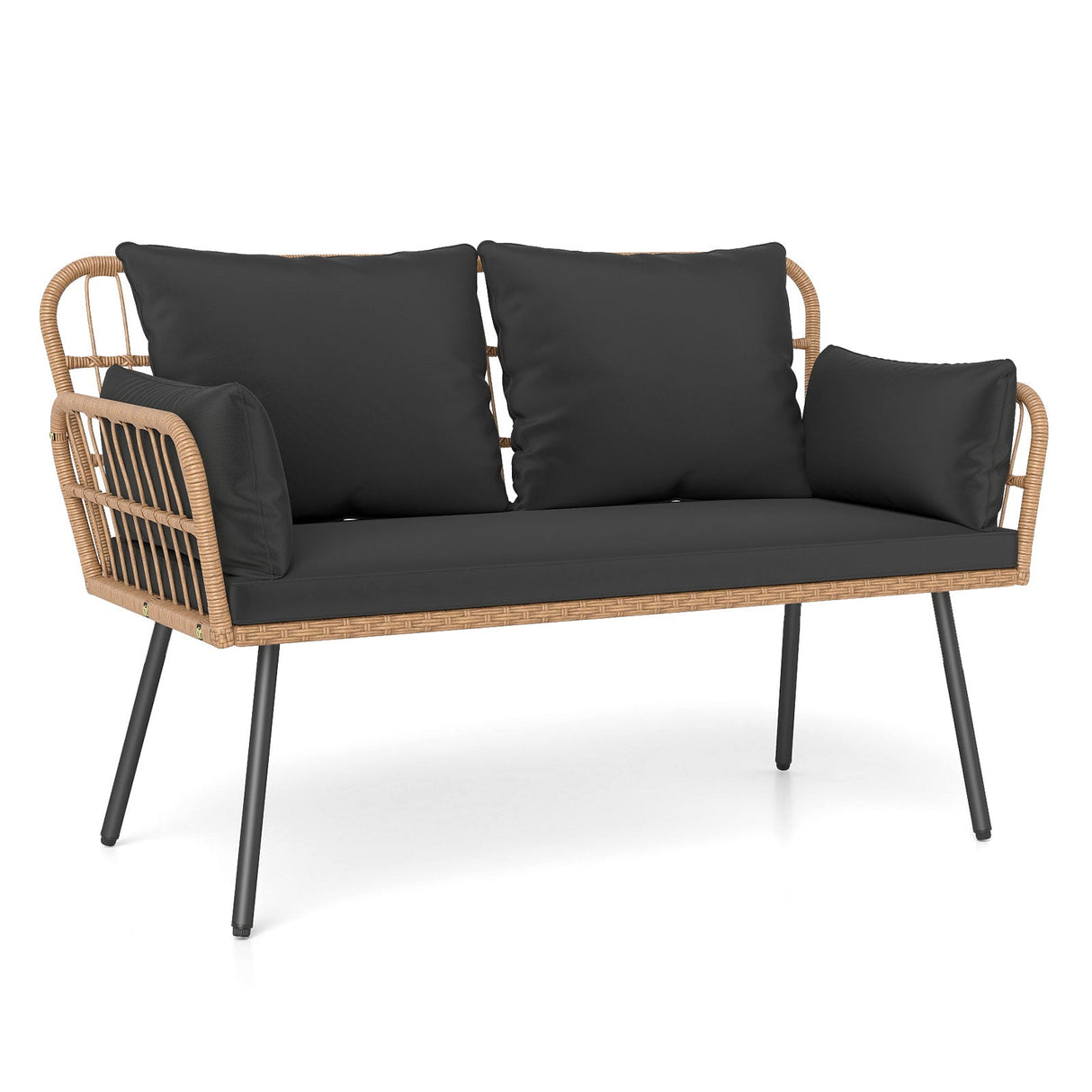 Sillón de ratán para exteriores de 2 plazas con cojines de respaldo y patas de metal de alta resistencia