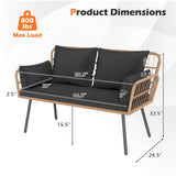 Sillón de ratán para exteriores de 2 plazas con cojines de respaldo y patas de metal de alta resistencia