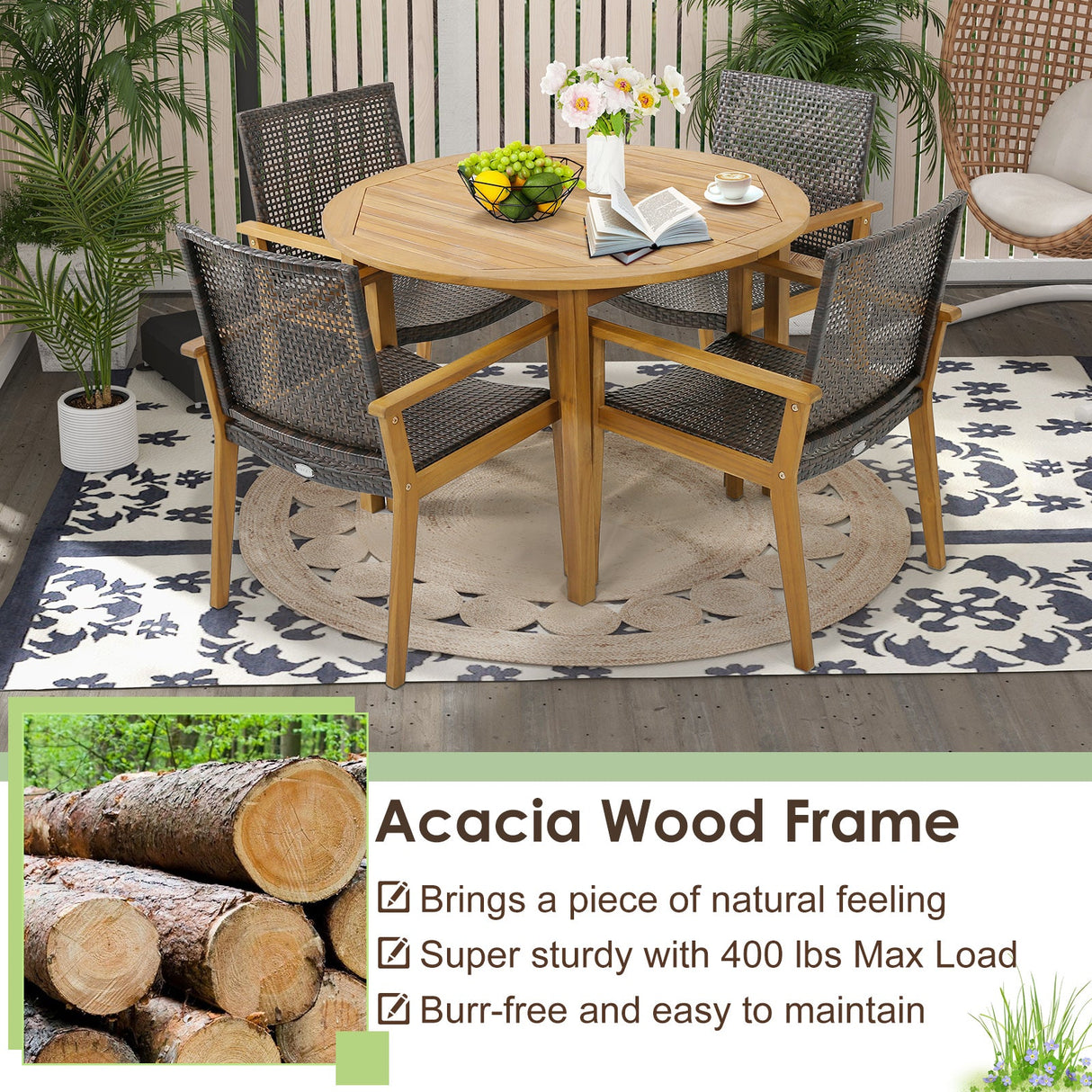 Juego de 4 sillas de ratán para exterior con robusto armazón de madera de acacia-Juego de 4
