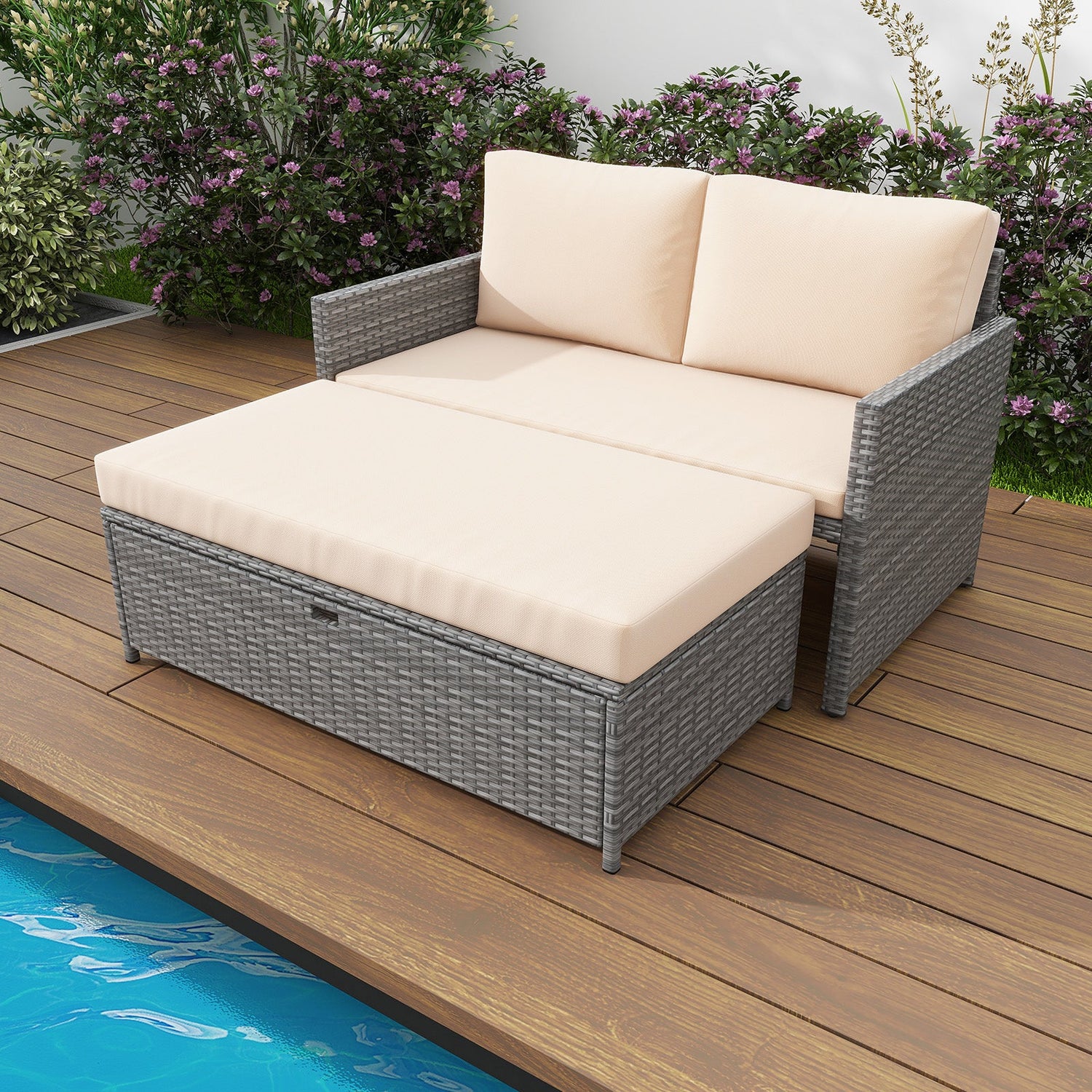 Tumbona Rattan de Exterior con Sofá Biplaza de Mimbre y Otomana de Almacenamiento de 31 Galones - Marrón