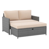 Tumbona Rattan de Exterior con Sofá Biplaza de Mimbre y Otomana de Almacenamiento de 31 Galones - Marrón