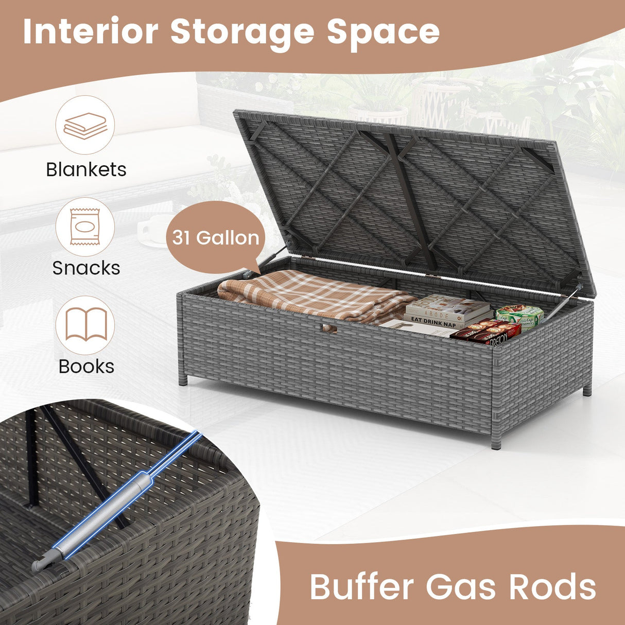 Tumbona Rattan de Exterior con Sofá Biplaza de Mimbre y Otomana de Almacenamiento de 31 Galones - Marrón