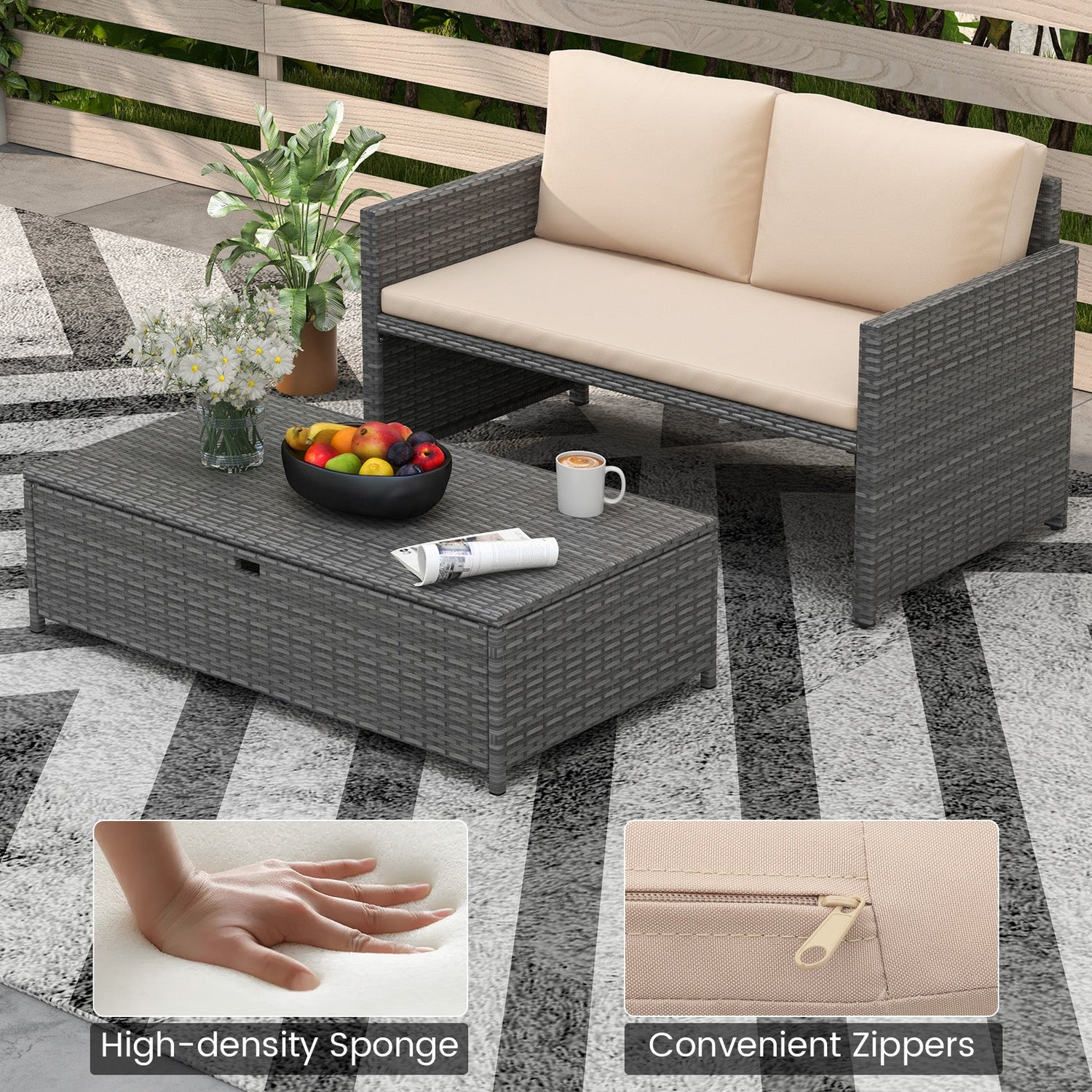 Tumbona Rattan de Exterior con Sofá Biplaza de Mimbre y Otomana de Almacenamiento de 31 Galones - Marrón