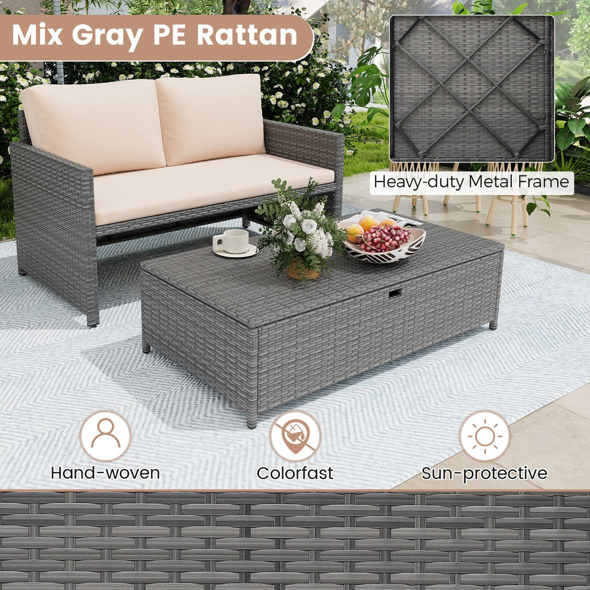 Tumbona Rattan de Exterior con Sofá Biplaza de Mimbre y Otomana de Almacenamiento de 31 Galones - Marrón