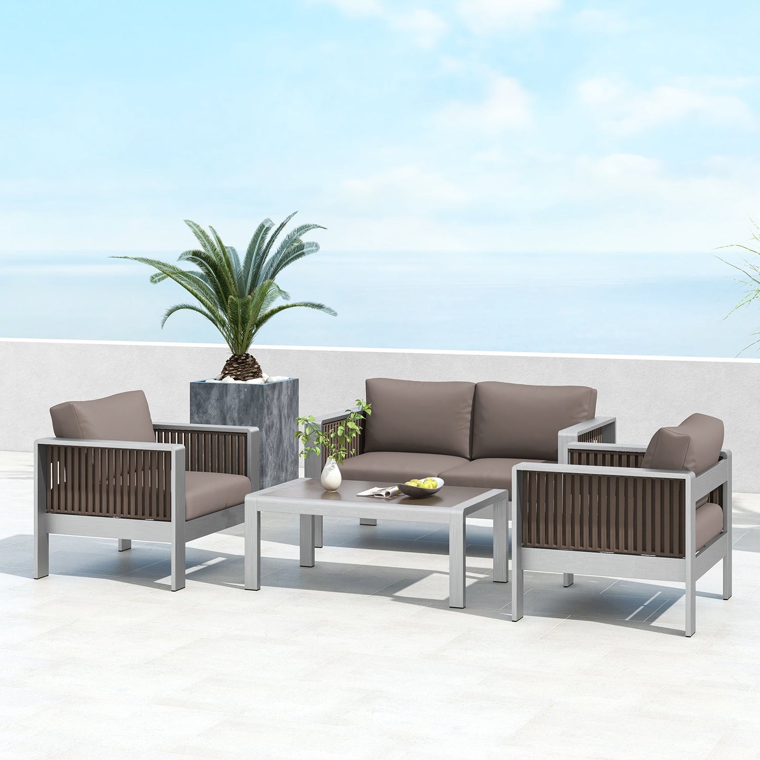 Mesa de centro rectangular para exteriores con tablero de cristal templado para piscina de jardín - Gris