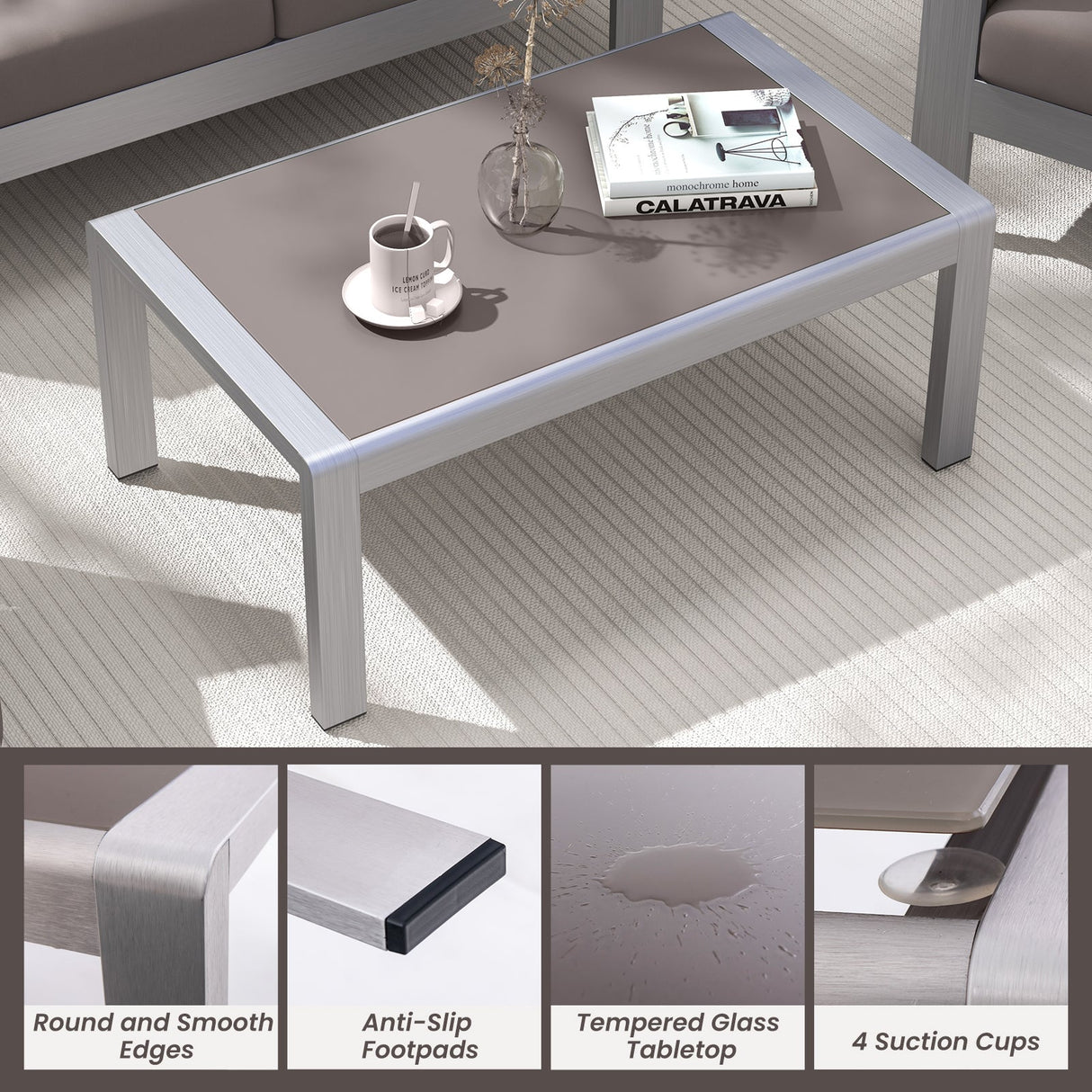 Mesa de centro rectangular para exteriores con tablero de cristal templado para piscina de jardín - Gris