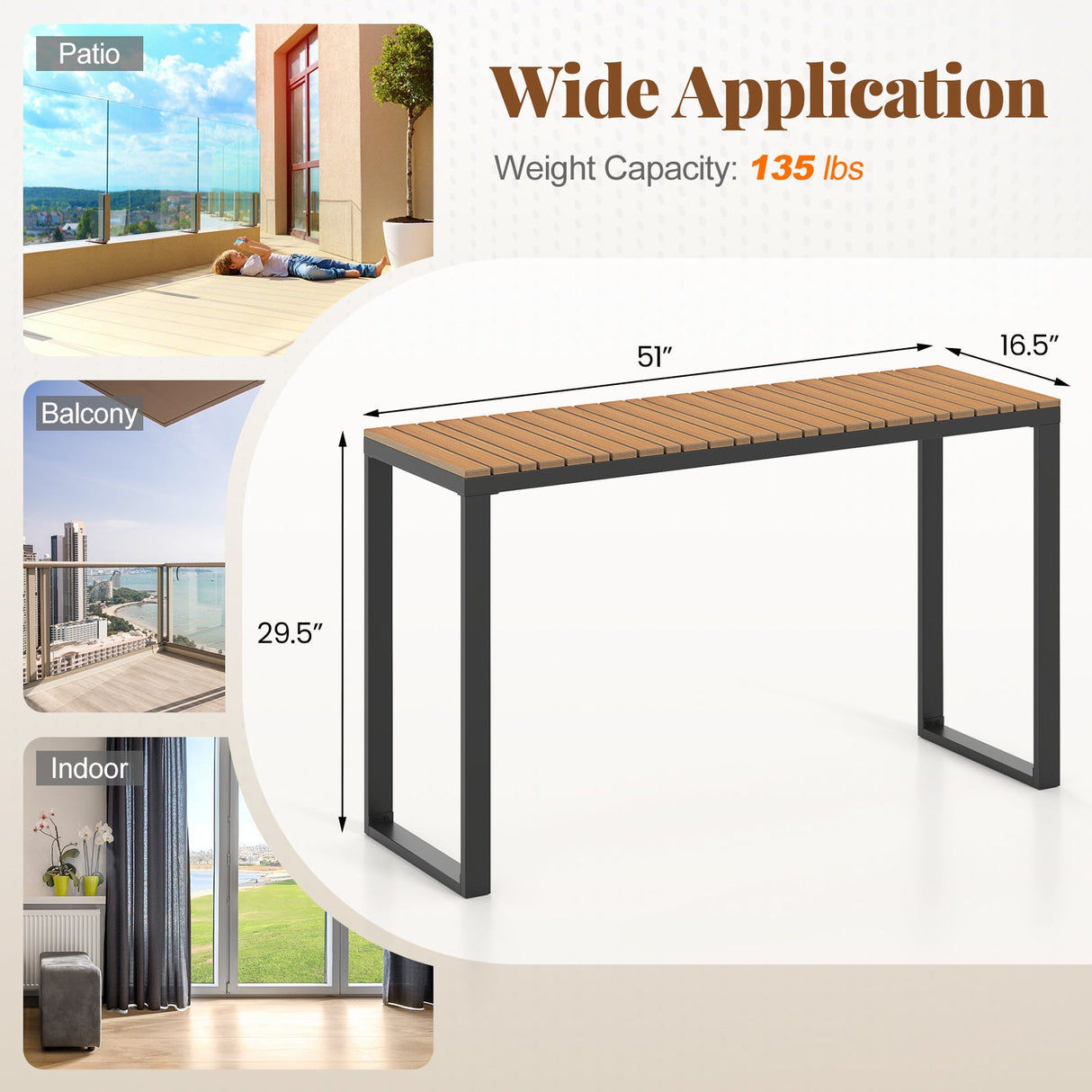 Mesa Consola Rectangular para Exteriores con Tablero de WPC de Larga Duración