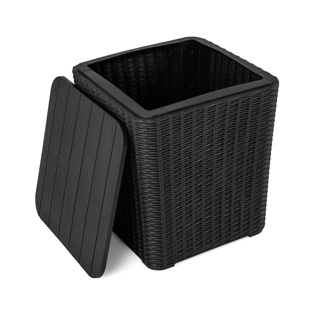Mesa auxiliar de resina para exterior con tapa extraíble y detalles de mimbre tejido