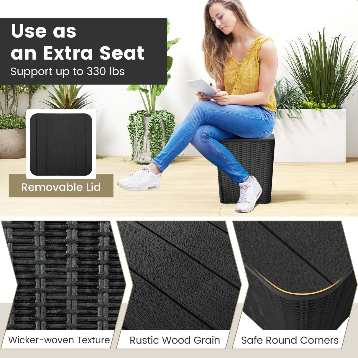 Mesa auxiliar de resina para exterior con tapa extraíble y detalles de mimbre tejido