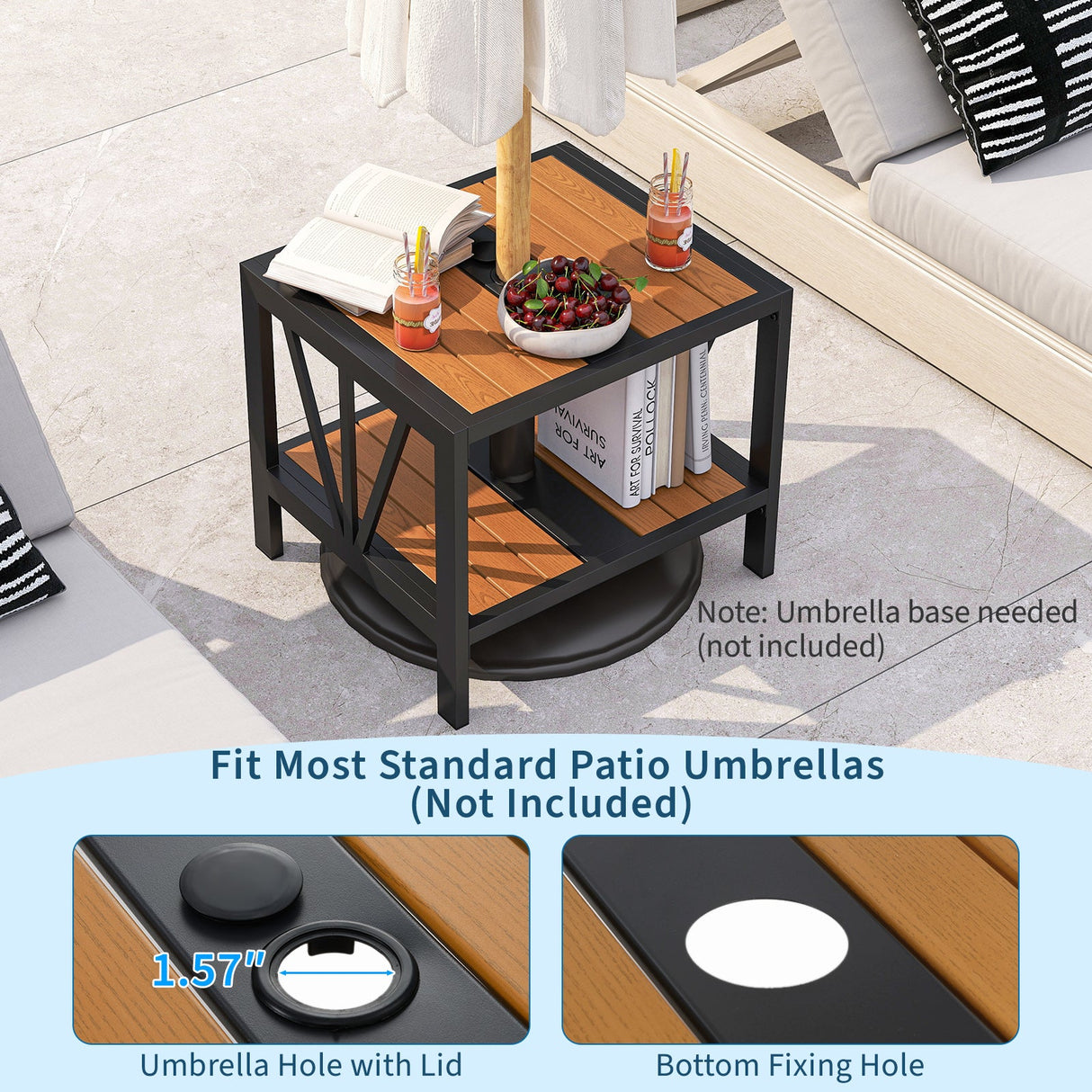 Mesa auxiliar de exterior con agujero para sombrilla y estante de almacenamiento para porche