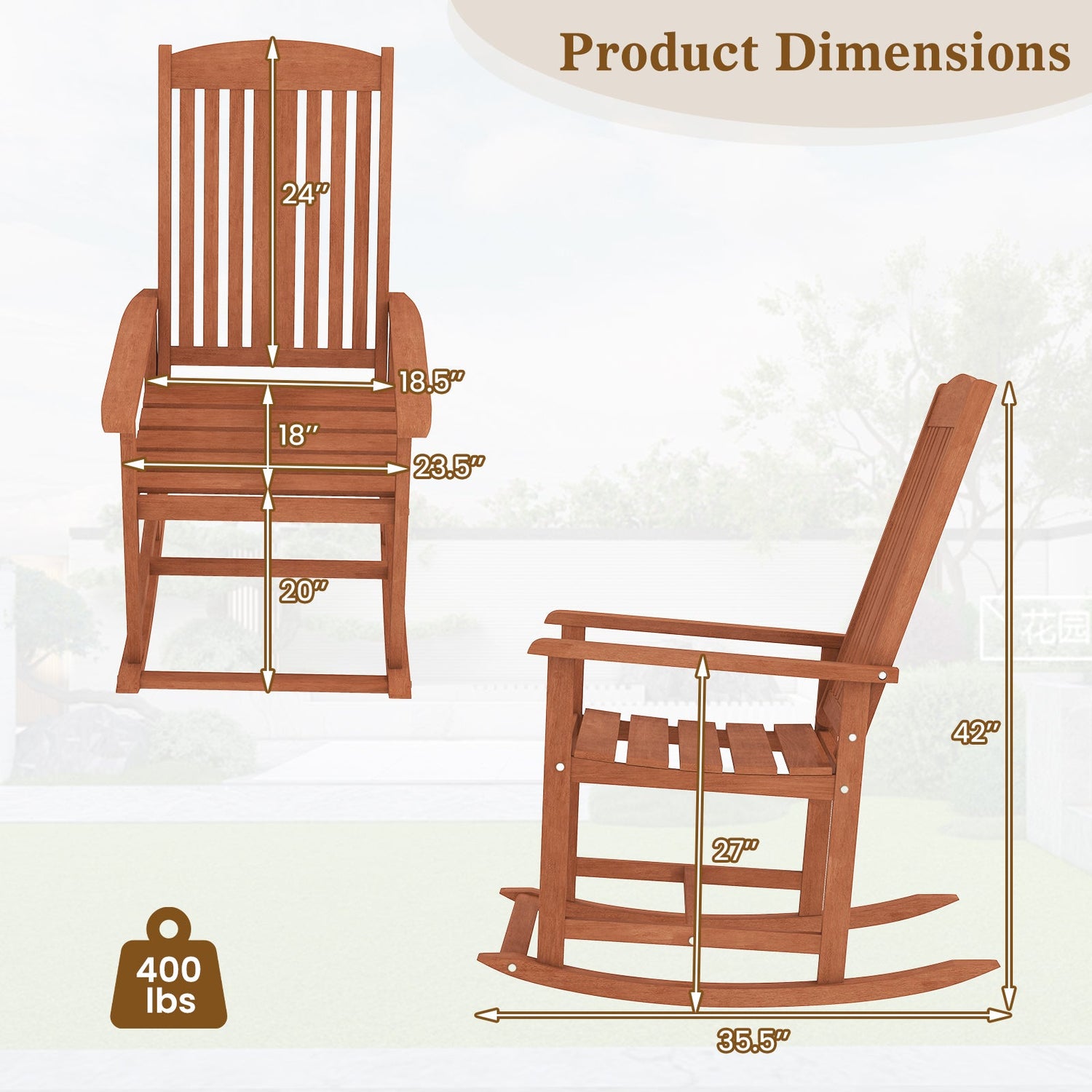 Mecedora de exterior de madera maciza con respaldo alto y asiento de lamas