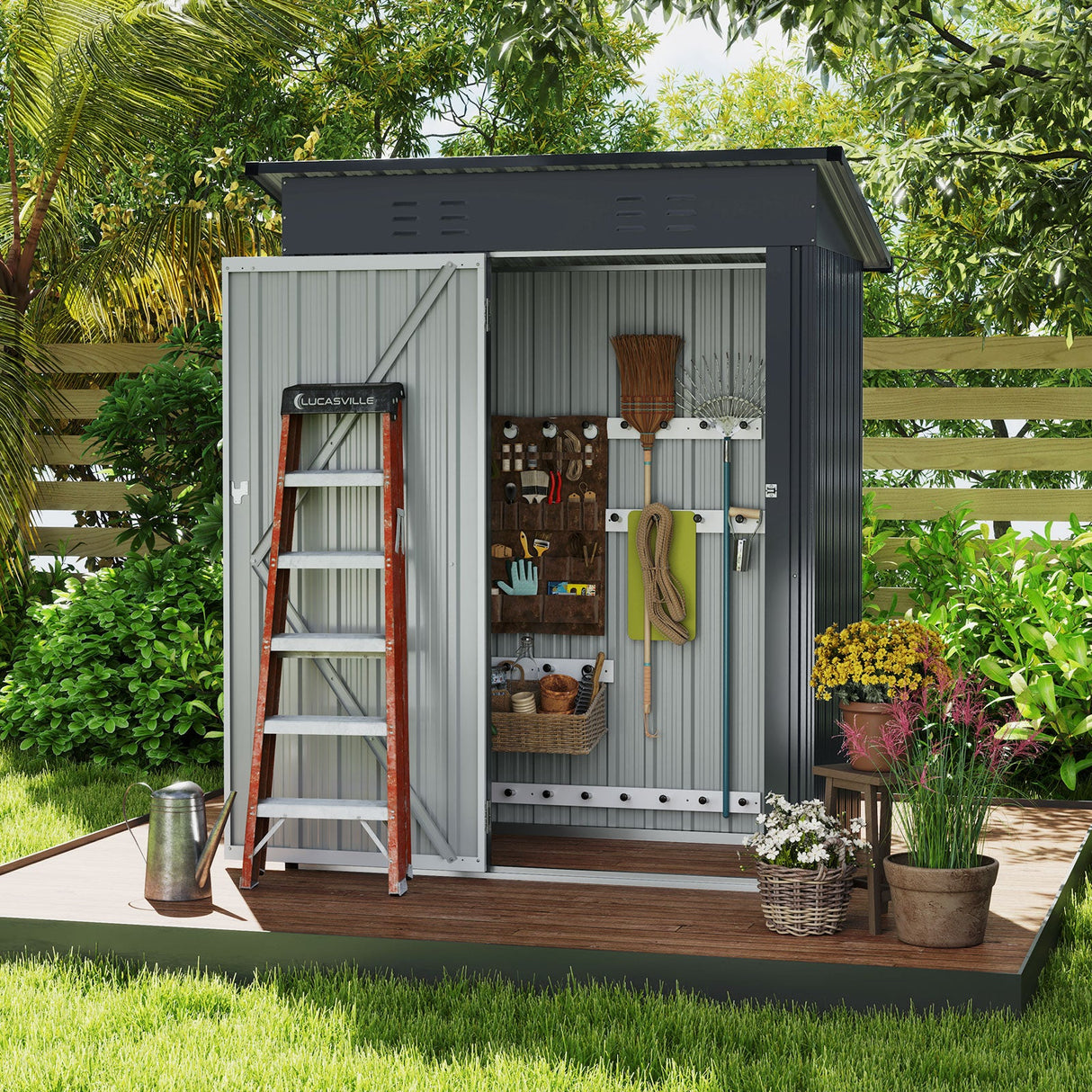 Cobertizo de almacenamiento exterior de 1,5 x 0,9 metros con techo inclinado y puerta con cerradura - Gris
