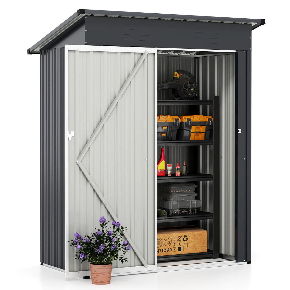 Cobertizo de almacenamiento exterior de 1,5 x 0,9 metros con techo inclinado y puerta con cerradura - Gris