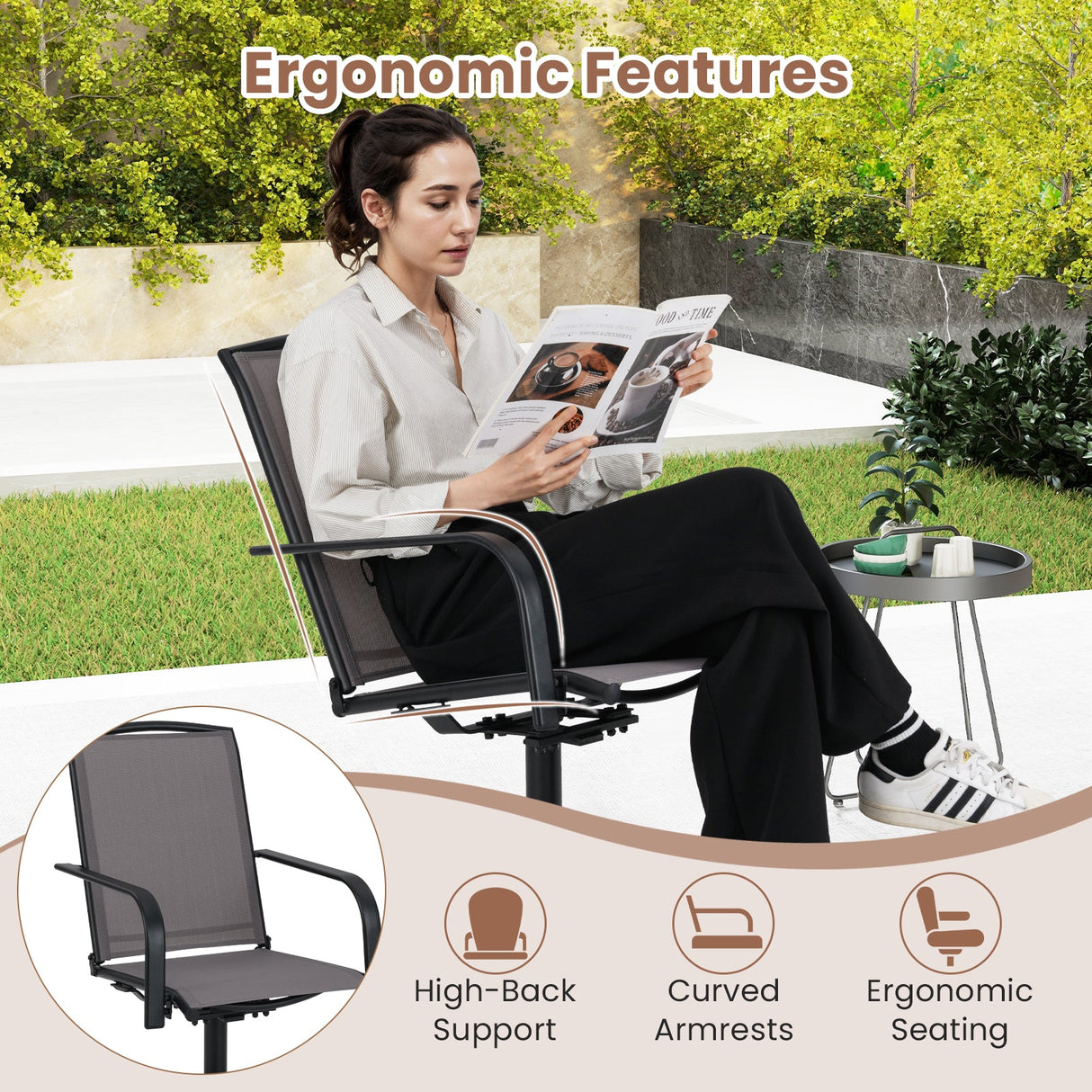 Juego de 2 sillas giratorias de exterior con respaldo alto y asiento transpirable