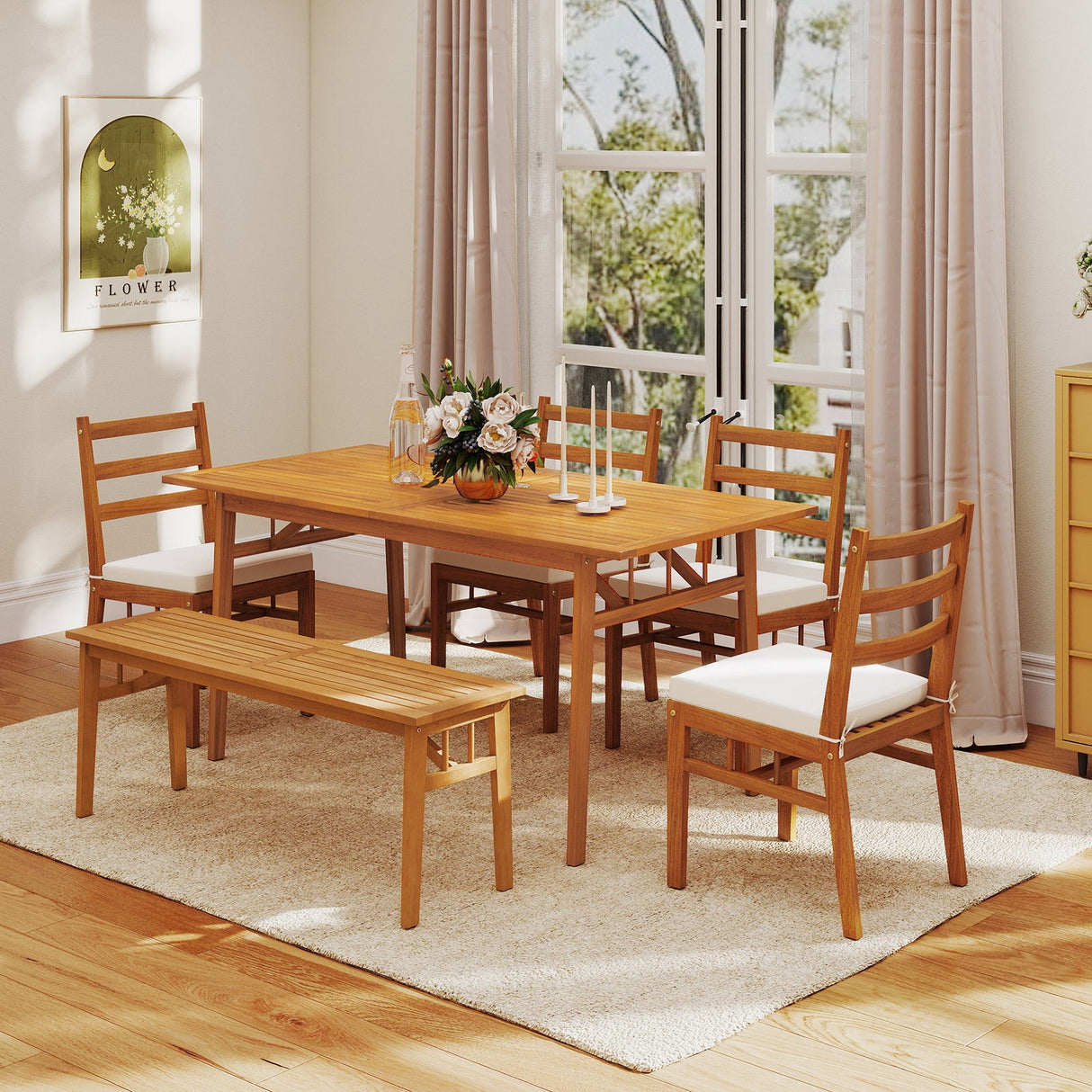 Mesa de comedor de madera para exteriores con orificio para sombrilla y base estable