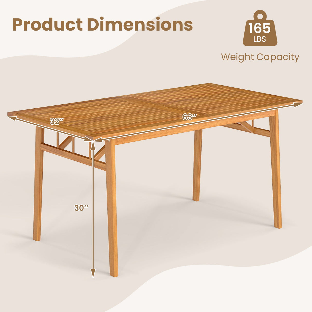 Mesa de comedor de madera para exteriores con orificio para sombrilla y base estable