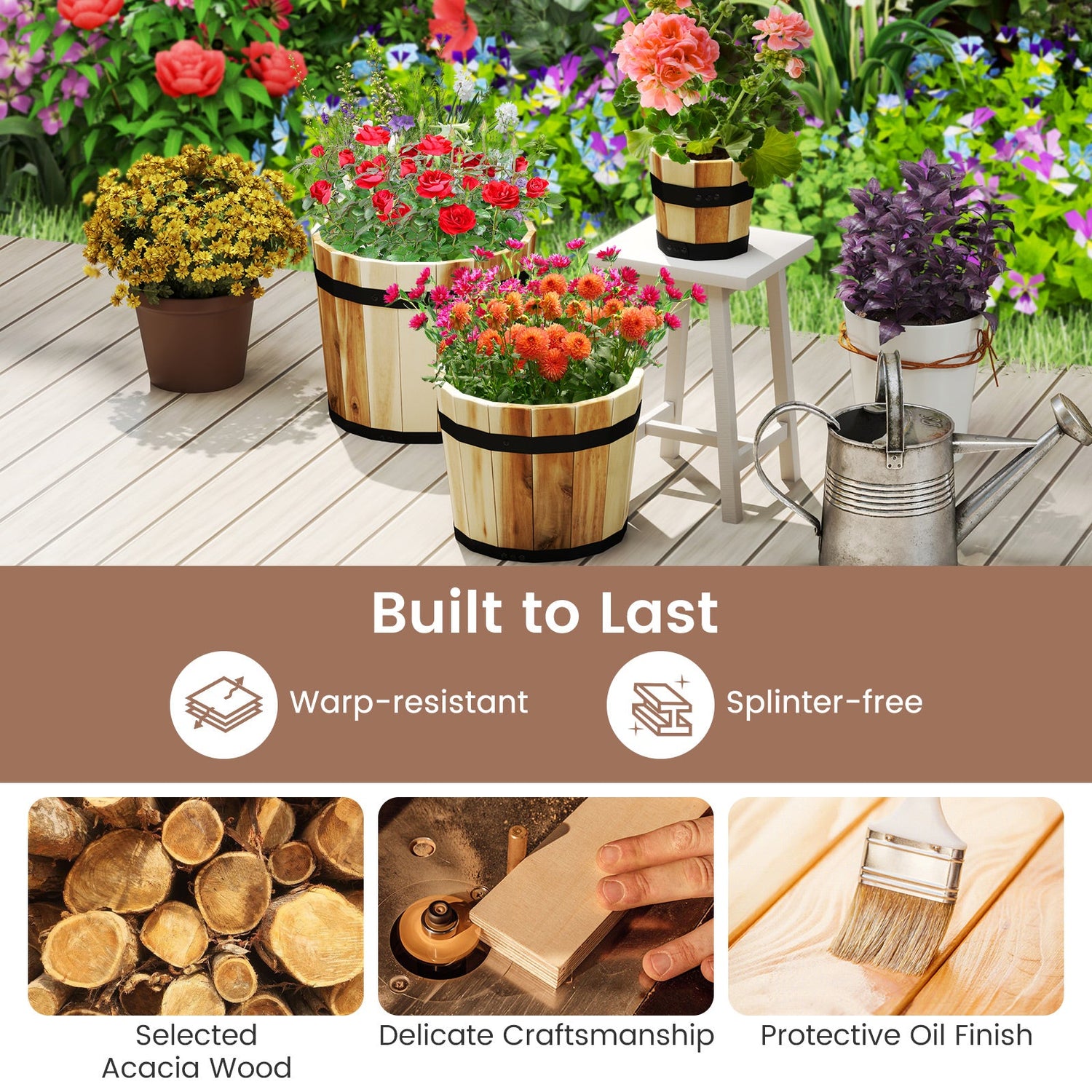 Juego de 3 jardineras de madera para exterior con orificios de drenaje