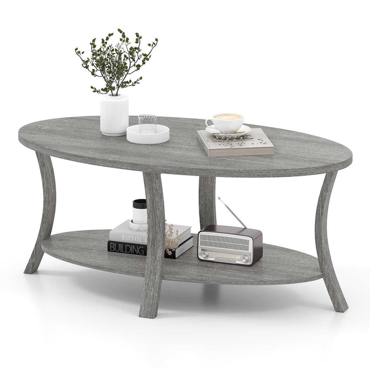 Mesa de centro ovalada de 2 niveles con estante de almacenamiento - Gris