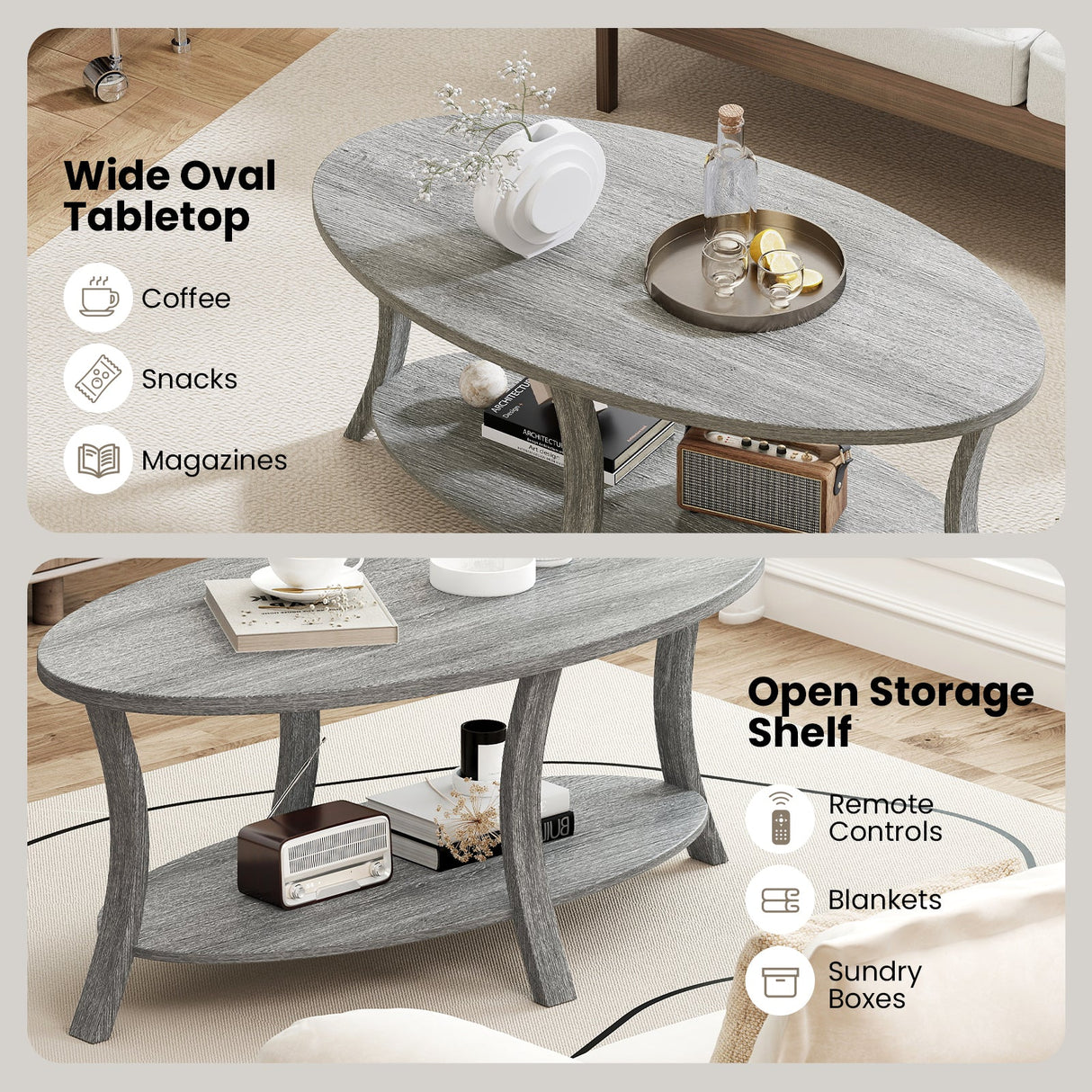 Mesa de centro ovalada de 2 niveles con estante de almacenamiento - Gris