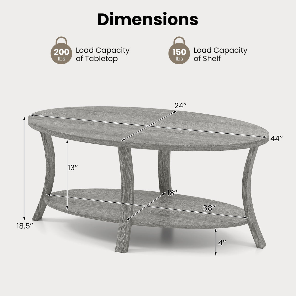 Mesa de centro ovalada de 2 niveles con estante de almacenamiento - Gris