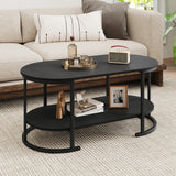 Oval Coffee Table 2-Tier Wooden Accent Table with Spacious Tabletop and Open Storage Shelf