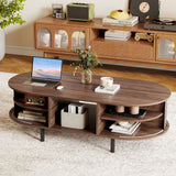 48" Mid Century Center Table with Sliding Fluted Doors and Open Compartment-Walnut