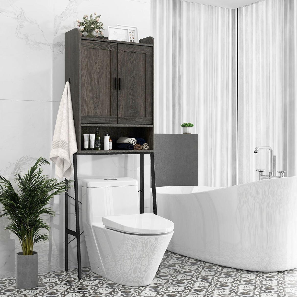 Organizador ahorrador de espacio para baño sobre el inodoro con gabinete y puertas dobles - Gris