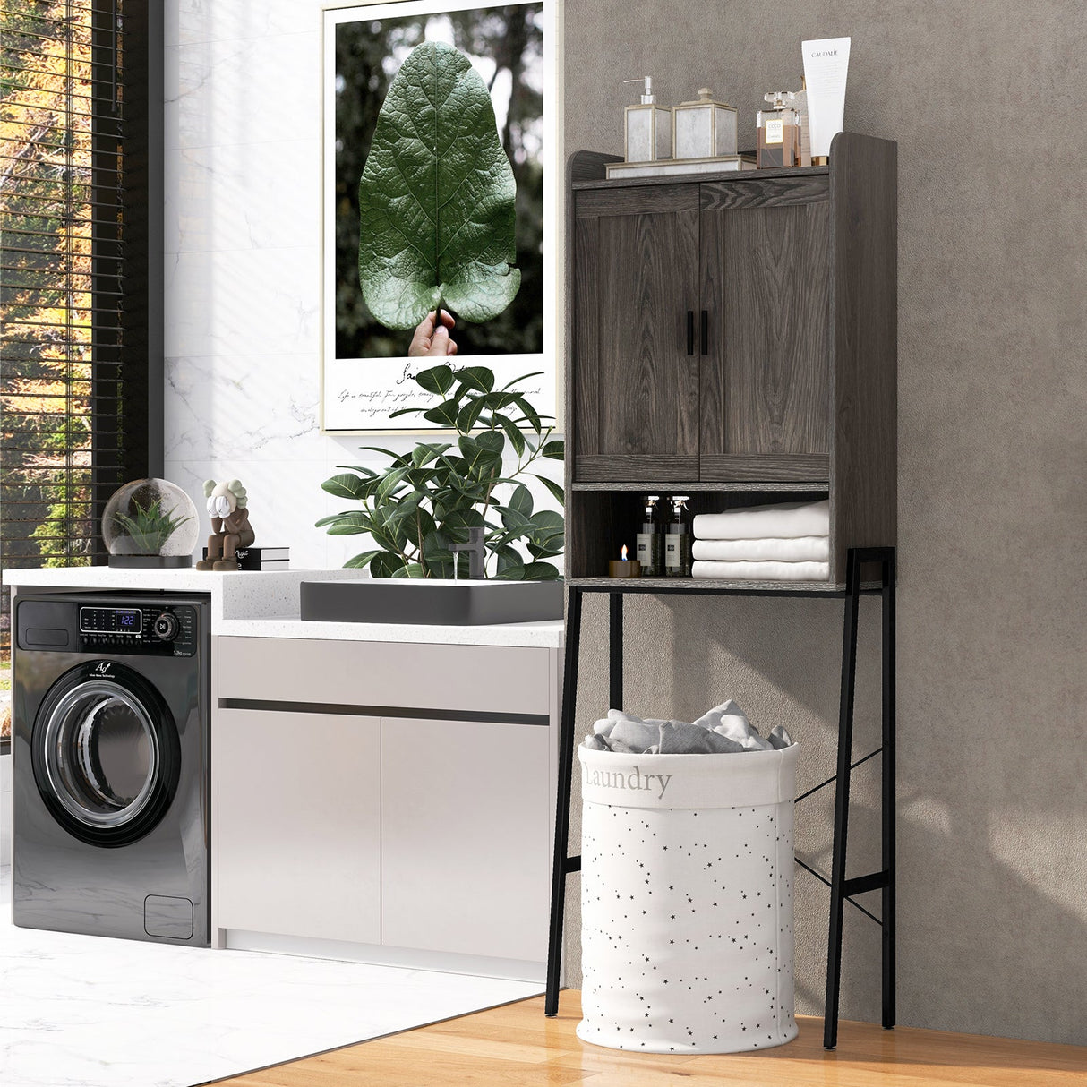Organizador ahorrador de espacio para baño sobre el inodoro con gabinete y puertas dobles - Gris
