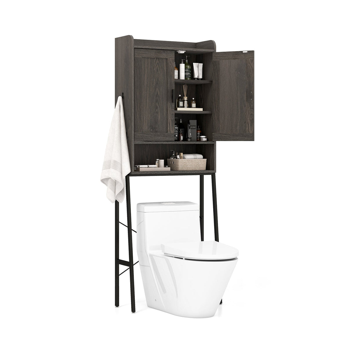 Organizador ahorrador de espacio para baño sobre el inodoro con gabinete y puertas dobles - Gris