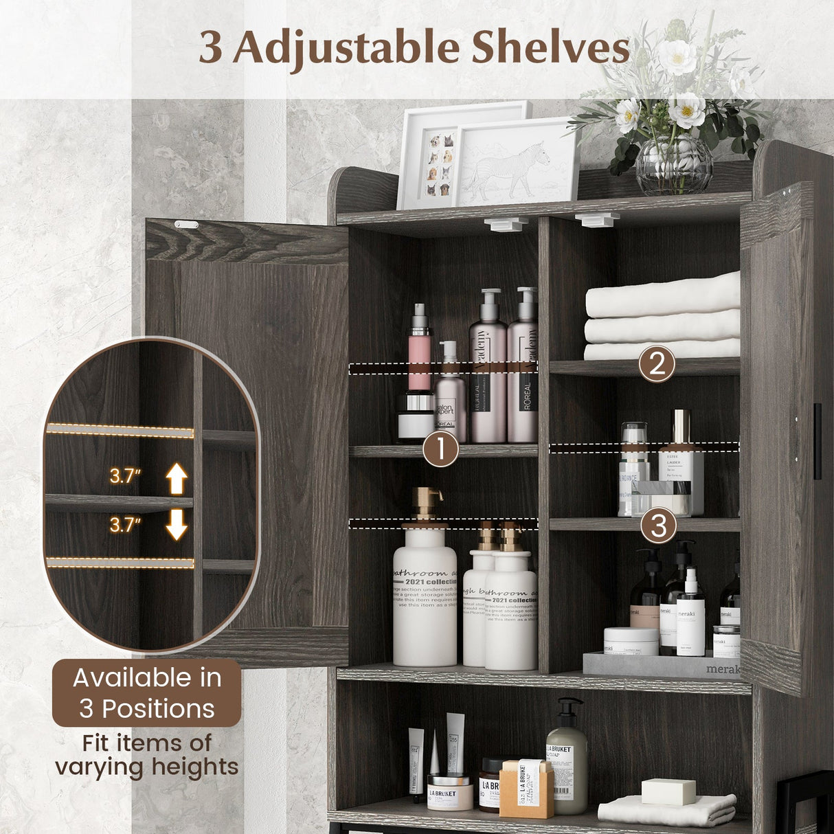 Organizador ahorrador de espacio para baño sobre el inodoro con gabinete y puertas dobles - Gris