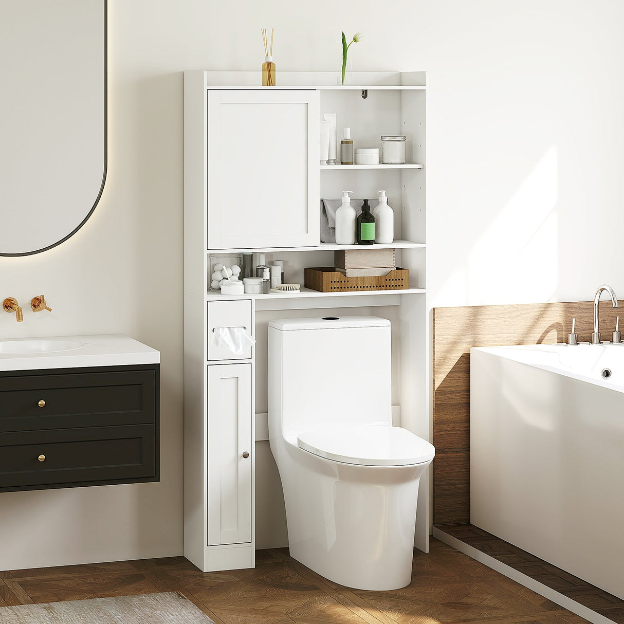 Gabinete de almacenamiento sobre el inodoro, estantería de baño de pie con puerta corredera - Blanco