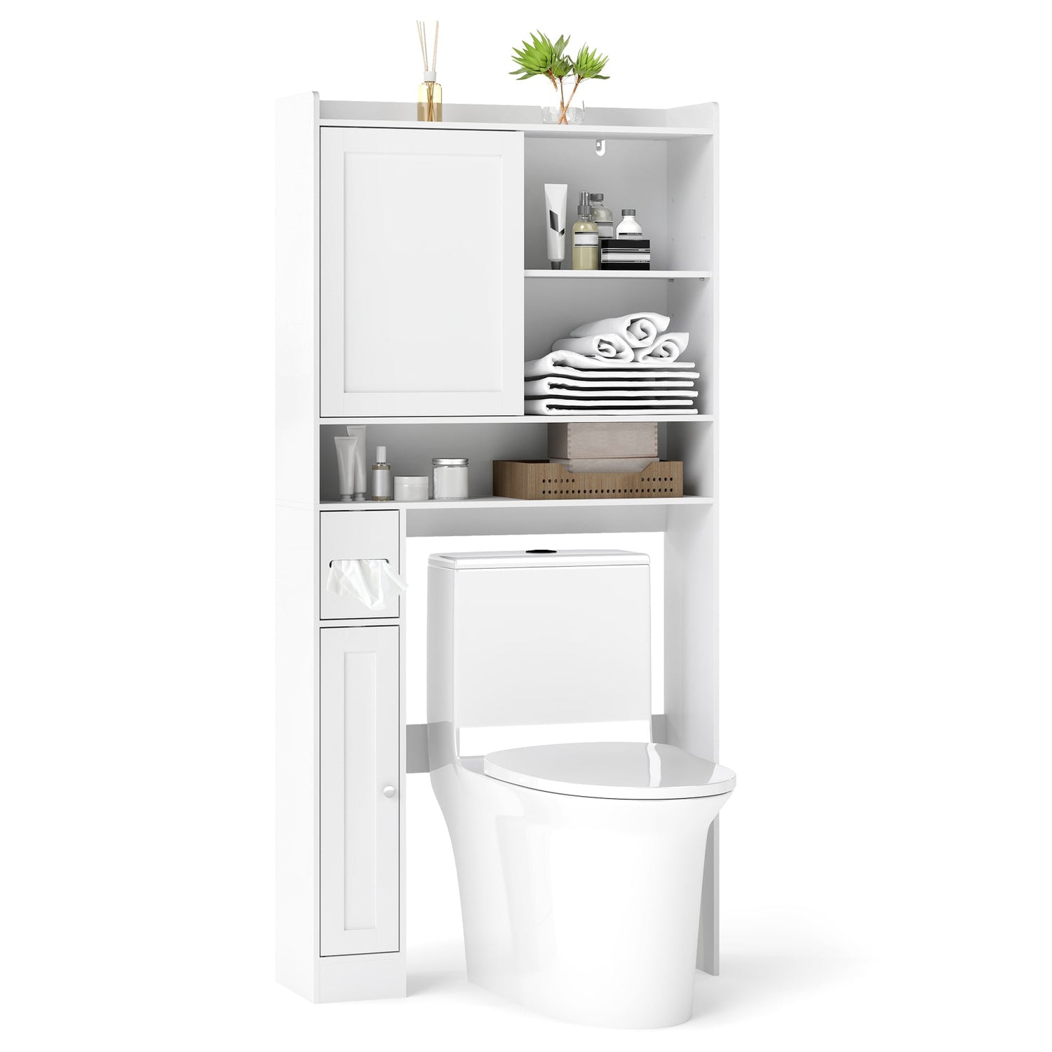 Gabinete de almacenamiento sobre el inodoro, estantería de baño de pie con puerta corredera - Blanco