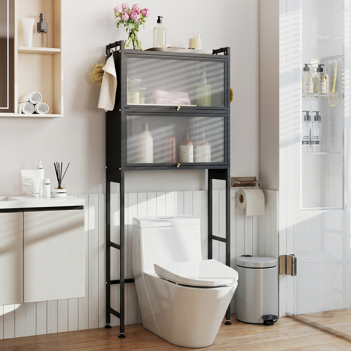 Over-the-toilet Cabinet Bathroom Organizer with 2 Flip-up Cabinets
