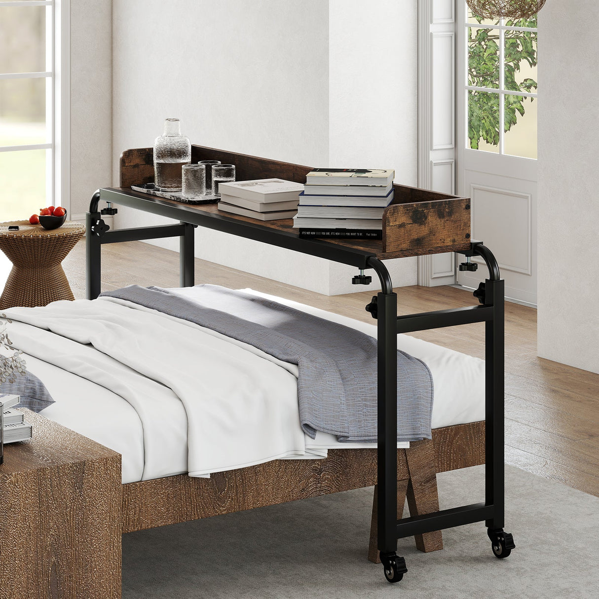 Escritorio de cama con ruedas tamaño Queen, escritorio móvil para cama con altura ajustable, marrón