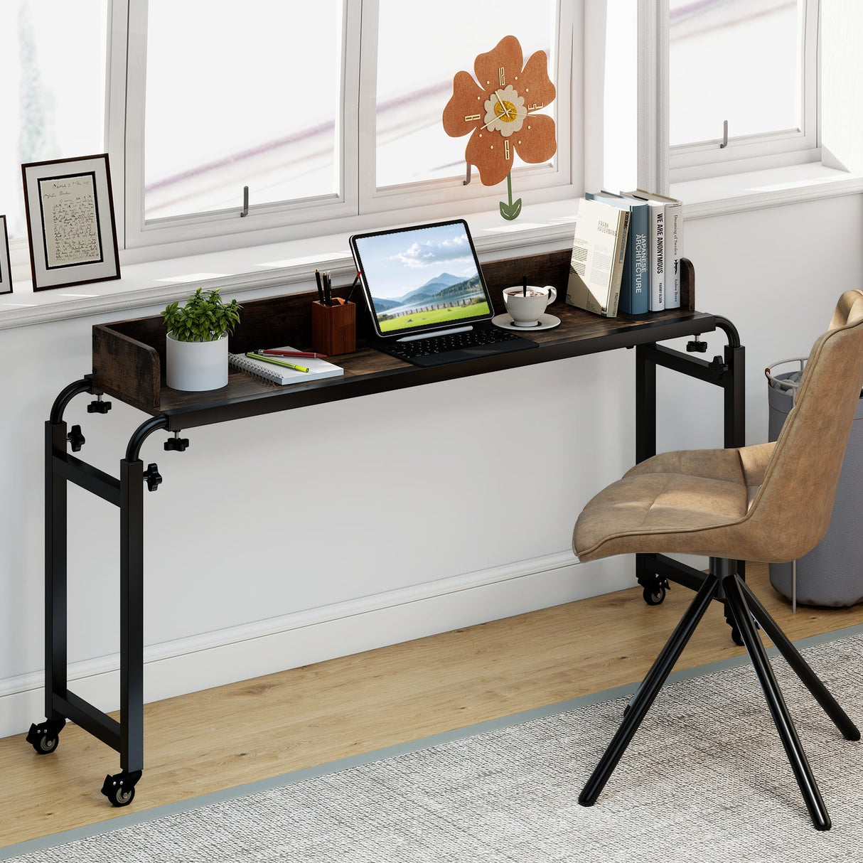 Escritorio de cama con ruedas tamaño Queen, escritorio móvil para cama con altura ajustable, marrón