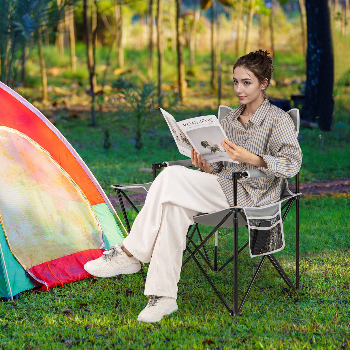 Sillón de camping extragrande con mesa lateral y 2 bolsillos de almacenamiento