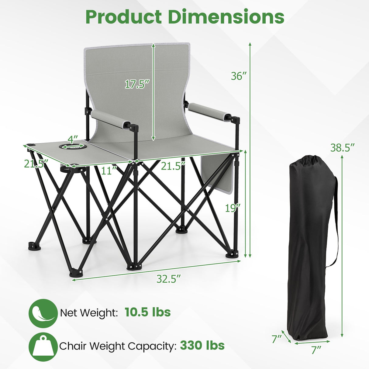 Sillón de camping extragrande con mesa lateral y 2 bolsillos de almacenamiento