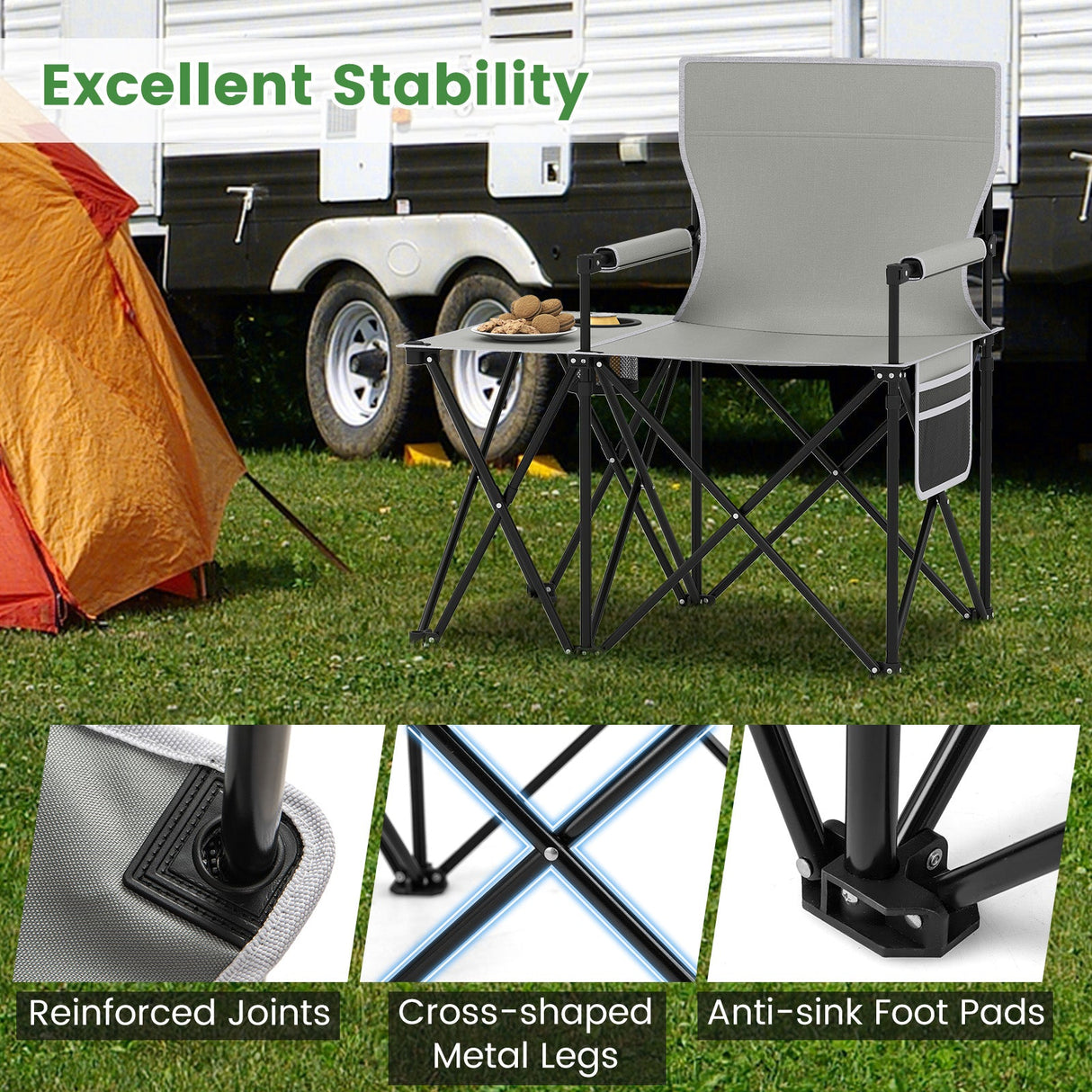 Sillón de camping extragrande con mesa lateral y 2 bolsillos de almacenamiento
