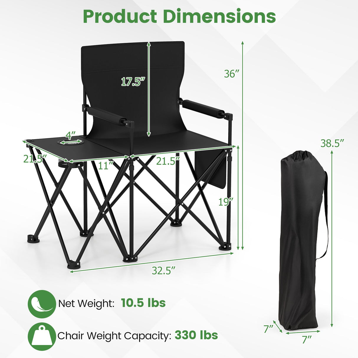Sillón de camping extragrande con mesa lateral y 2 bolsillos de almacenamiento