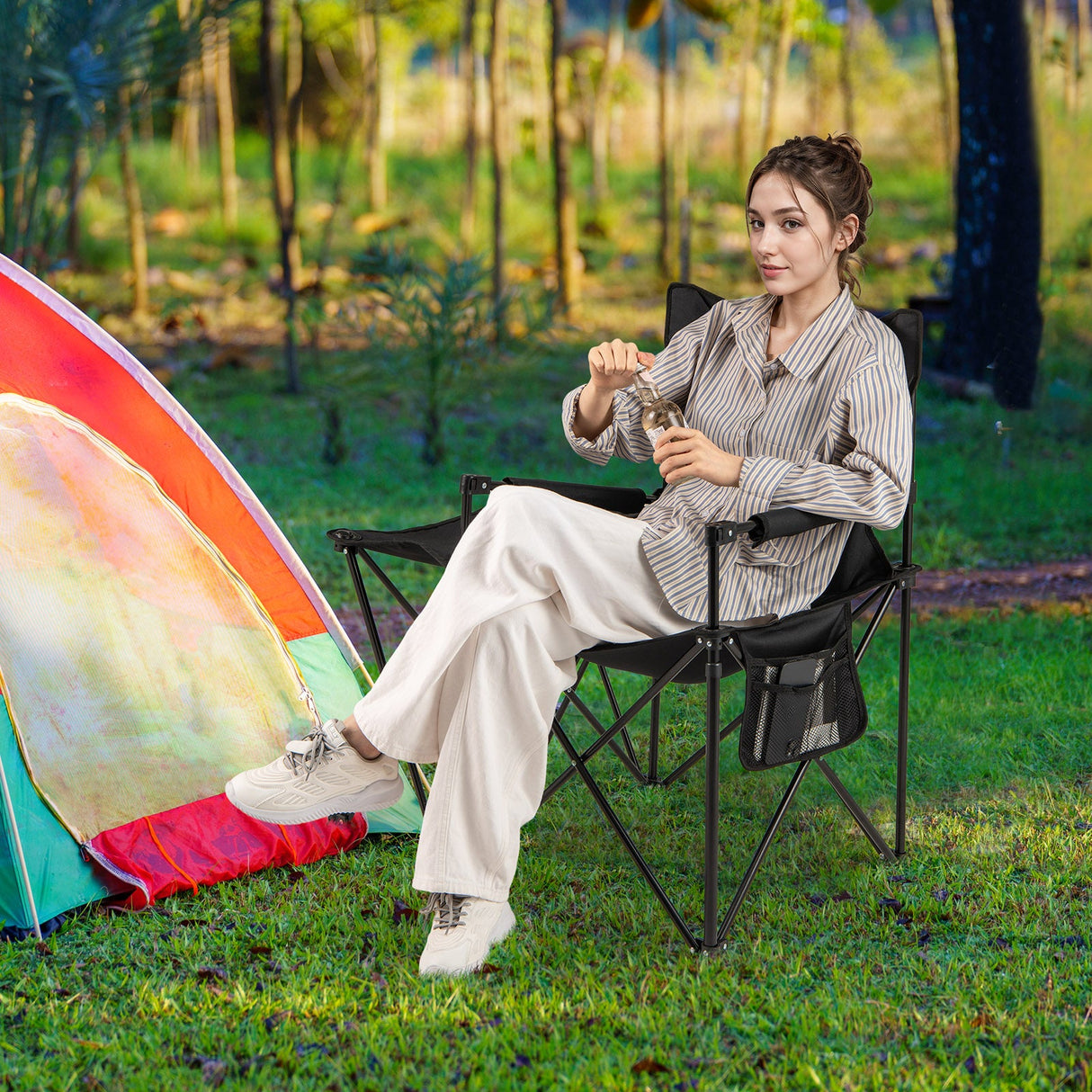 Sillón de camping extragrande con mesa lateral y 2 bolsillos de almacenamiento