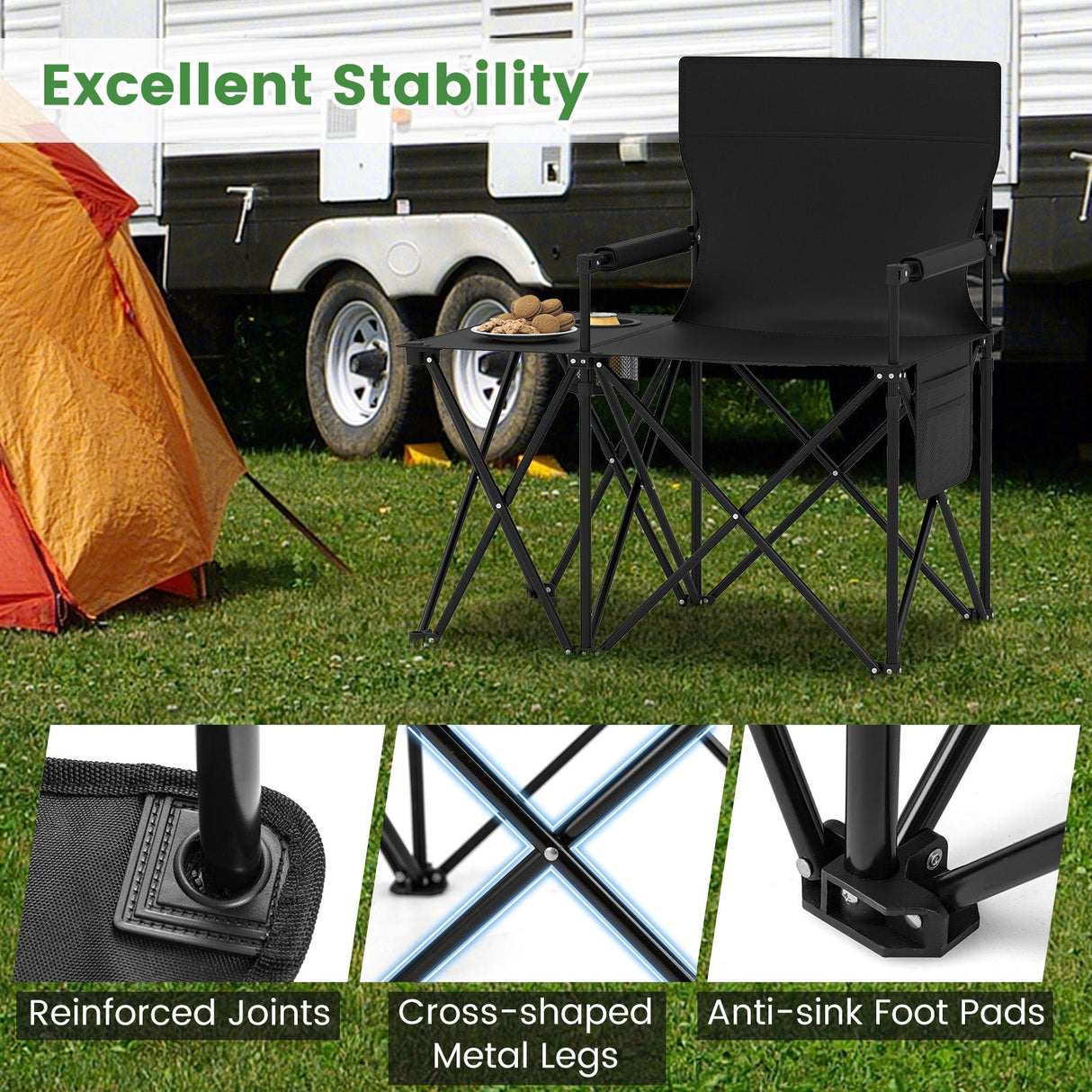 Sillón de camping extragrande con mesa lateral y 2 bolsillos de almacenamiento