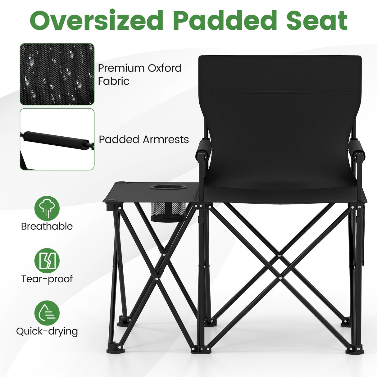 Sillón de camping extragrande con mesa lateral y 2 bolsillos de almacenamiento