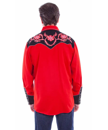 Camisa vaquera Scully con bordado floral (rojo/negro) - Hombre