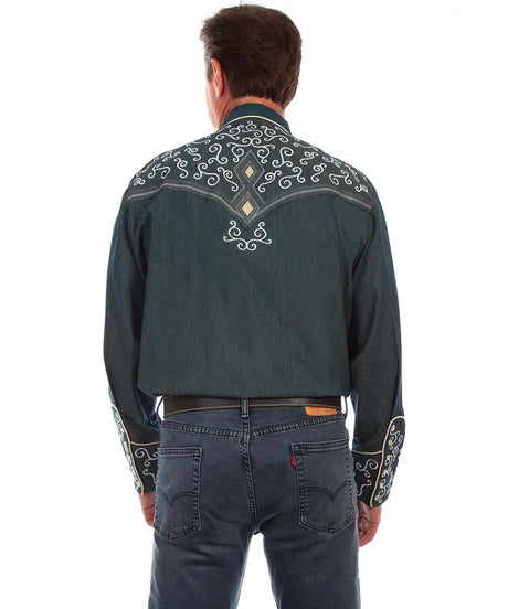 Camisa vaquera occidental bordada Scully Diamondback Scroll para hombre