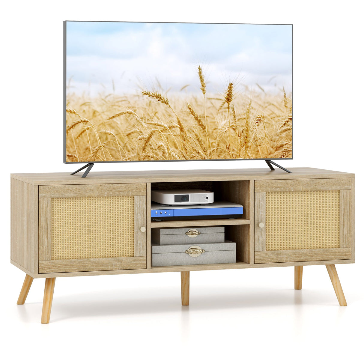 Mueble para TV de ratán PE con 2 armarios y estantes abiertos