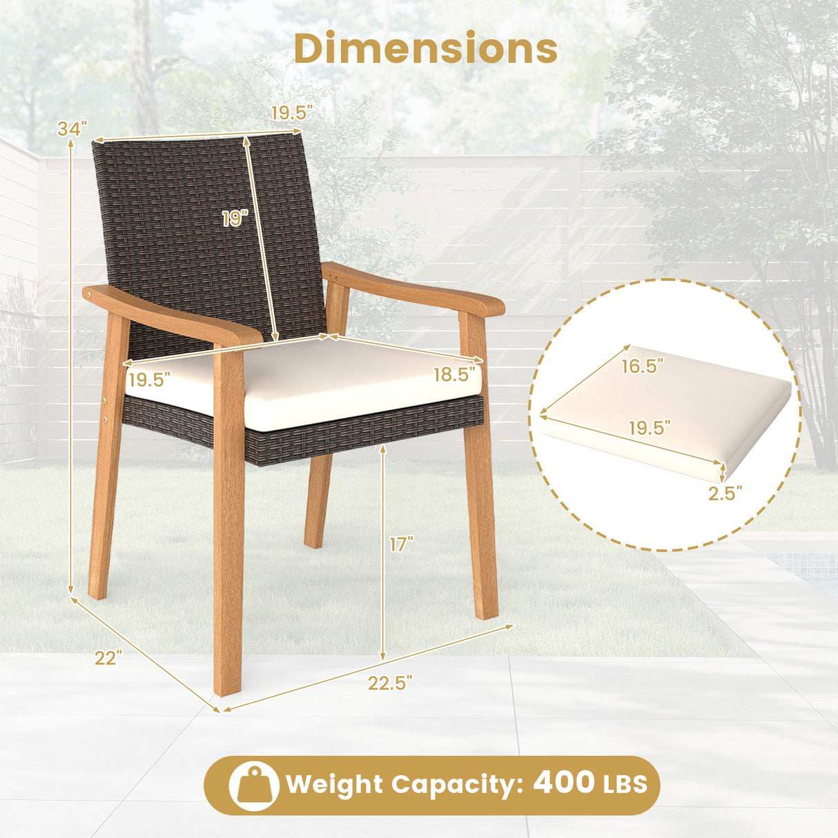Juego de 4 sillas de comedor de exterior de ratán PE para patio con cojín extraíble y reposabrazos de madera de acacia - Blanco