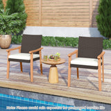 Juego de 4 sillas de comedor de exterior de ratán PE para patio con cojín extraíble y reposabrazos de madera de acacia - Blanco