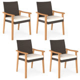 Juego de 4 sillas de comedor de exterior de ratán PE para patio con cojín extraíble y reposabrazos de madera de acacia - Blanco