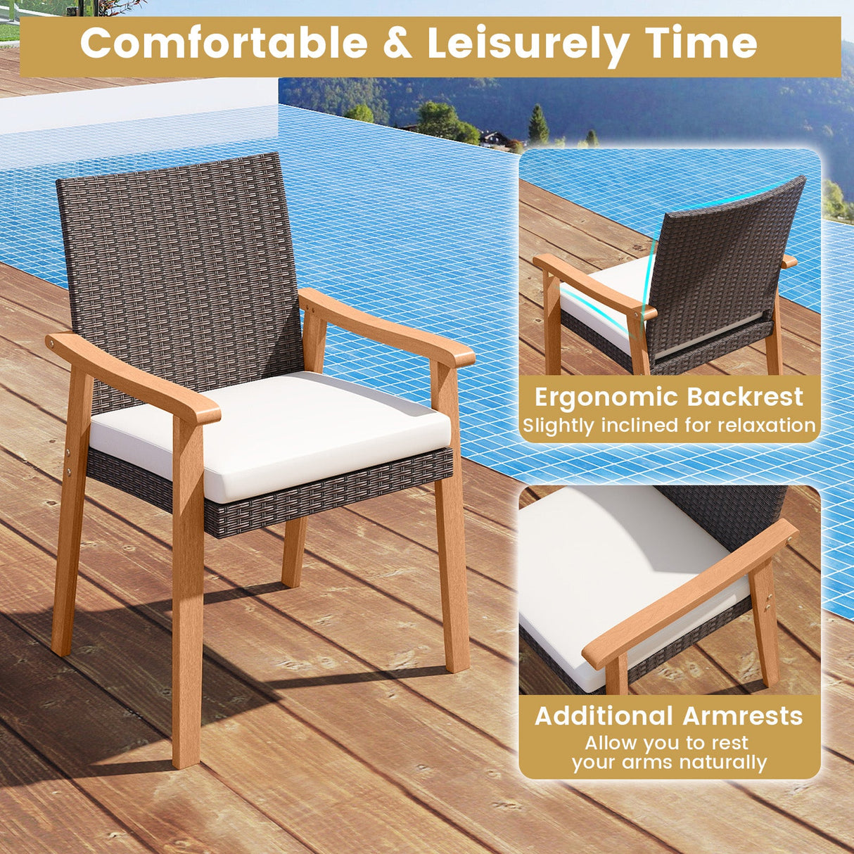 Juego de 4 sillas de comedor de exterior de ratán PE para patio con cojín extraíble y reposabrazos de madera de acacia - Blanco