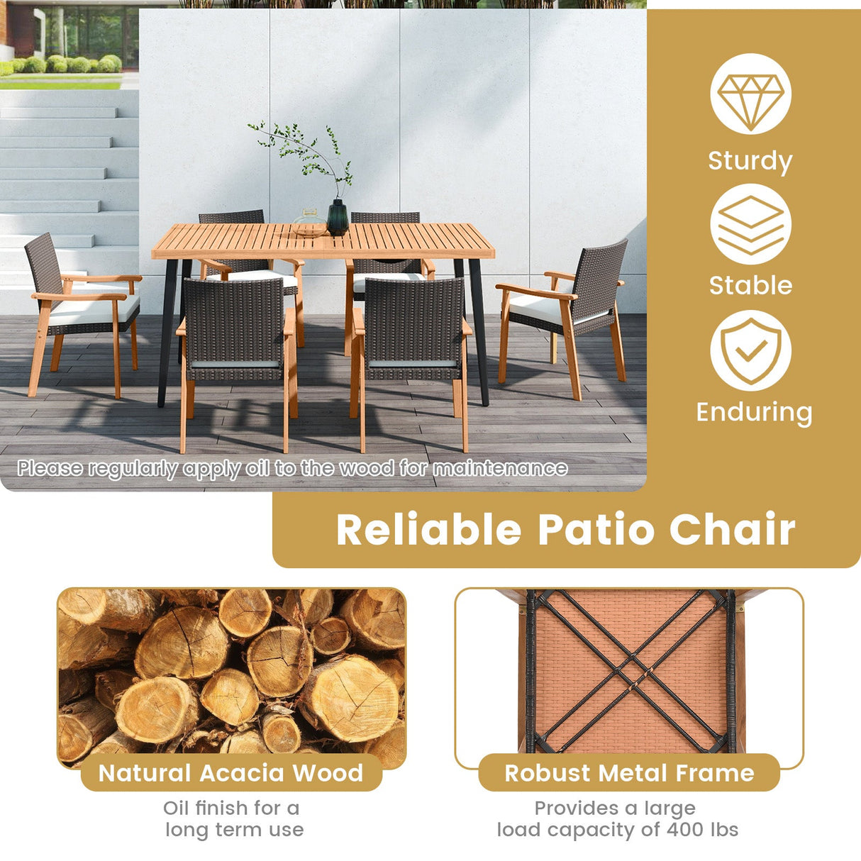 Juego de 4 sillas de comedor de exterior de ratán PE para patio con cojín extraíble y reposabrazos de madera de acacia - Blanco